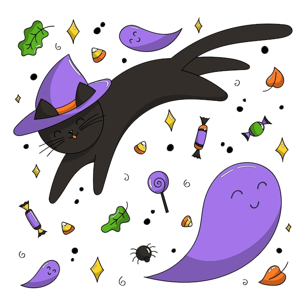 Halloween-illustraties instellen zwarte kat spoken spin gebladerte snoep lolly sterren leuke vectorillustratie met elementen voor halloween voor ontwerp ansichtkaarten prints patronen