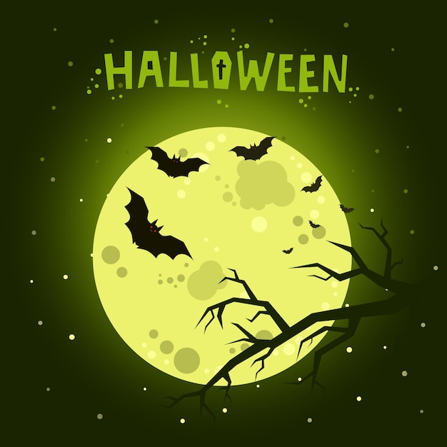 Illustrazione di halloween. pipistrelli che volano nella notte con la luna piena su sfondo verde scuro.