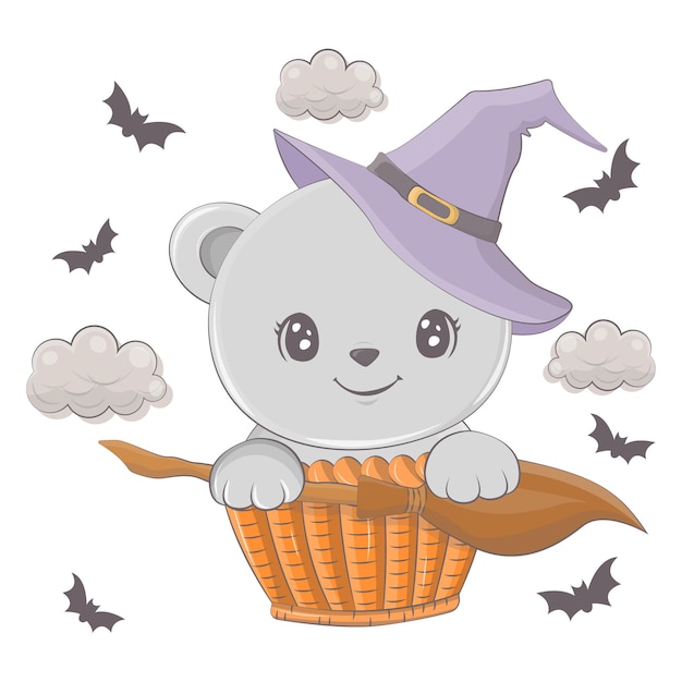 Halloween illustration of a bear with a broom. Vector illustration of Halloween animal.