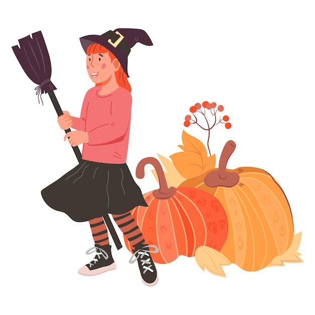 Halloween illustration of child in costume of witch and pumpkins vector isolated