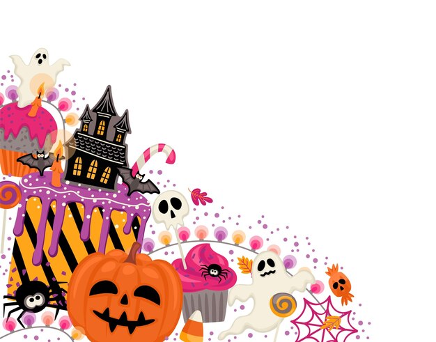 ハロウィーンのイラスト装飾されたカップケーキ マフィン ペストリーお菓子キャンディー バナー カード ポスター web およびその他の使用のためのベクトル テンプレート