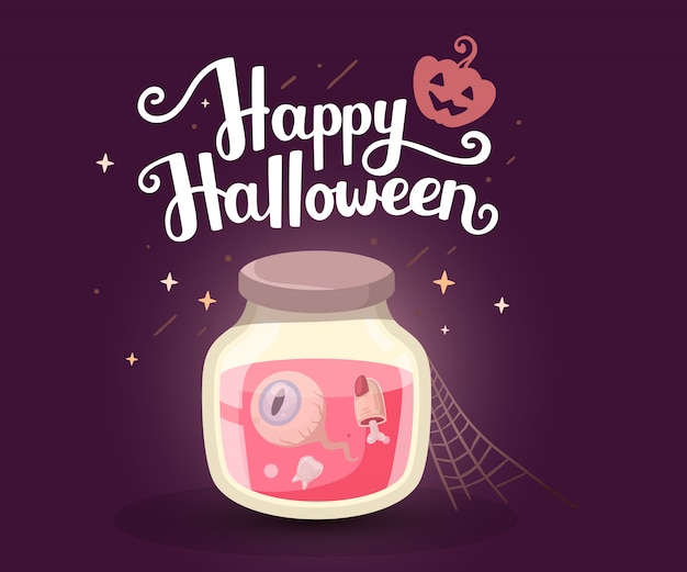 Vector halloween illustration of decorative jar with tooth, eye, finger