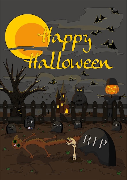 The Halloween illustration in a freehand style Cartoon postcard