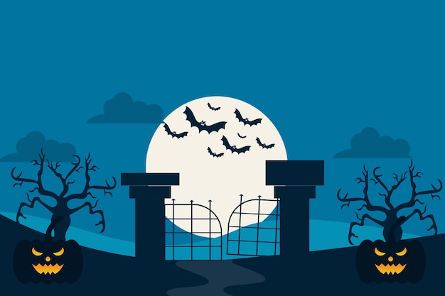 A halloween illustration of a gate with bats flying around it.