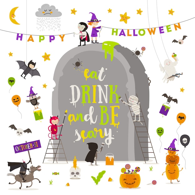 Halloween illustration group of active halloween characters around a giant tombstone