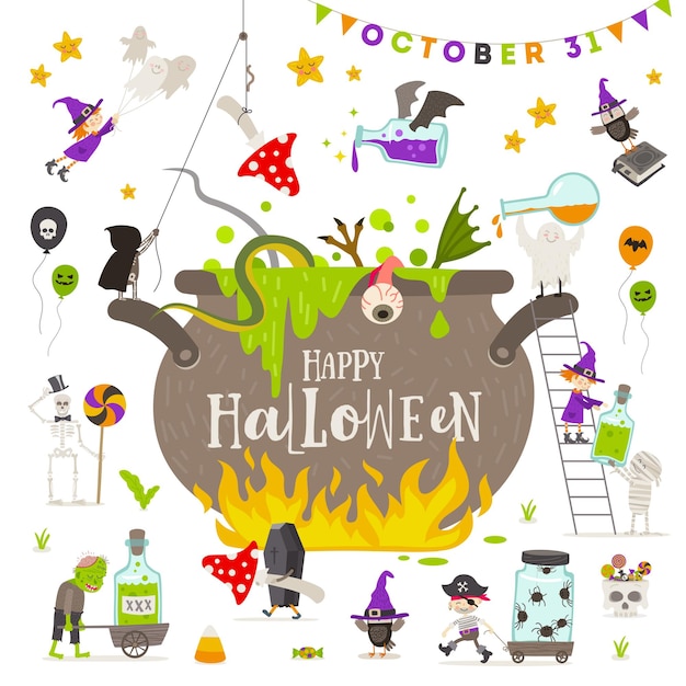 Halloween illustration Group of active halloween characters around a giant witch pot