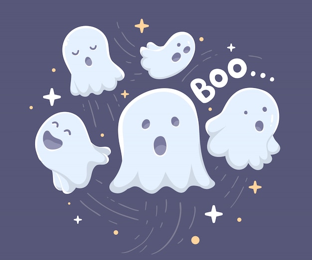 Vector halloween illustration of many white flying ghosts