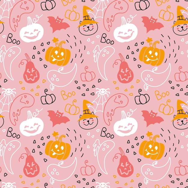 Halloween illustration on pink background cute seamless pattern for kids fabric wrapping textile