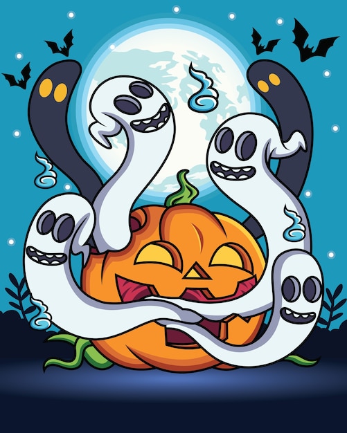 Vector halloween illustration of pumpkin with ghost in night background