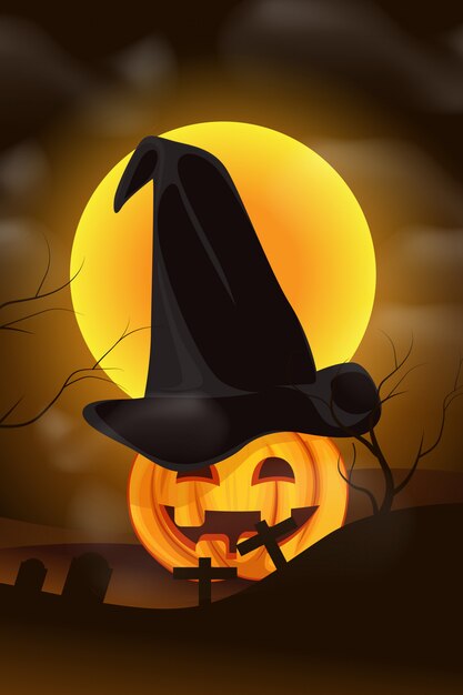 Illustrazione di halloween di una zucca con cappello