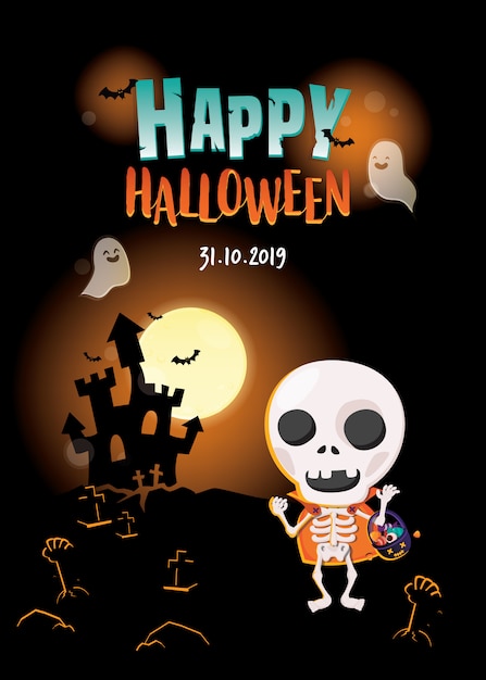 Illustrazione di halloween zucca con il cestino di scherzetto o dolcetto sulla scena scura del castello. carta di invito di halloween.