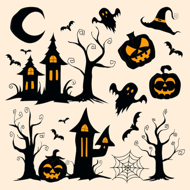 Halloween illustration set with pumpkins ghost bat tree