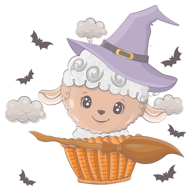 Halloween illustration of a sheep with a broom. Vector illustration of Halloween animal.