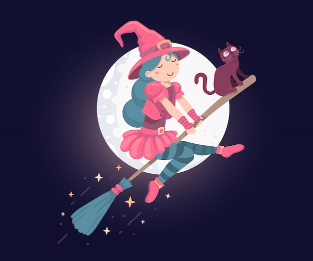 Halloween illustration of witch character with black cat flying on a broomstick