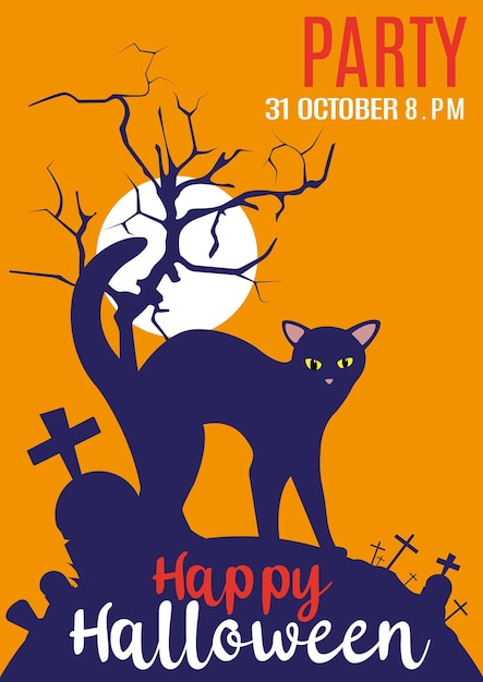 Illustrazione di halloween con gatto nero sulla luna sfondo giallo spaventoso invito a una festa di halloween con albero spaventoso e tomba buone vacanze di halloween poster e banner web illustrazione vettoriale