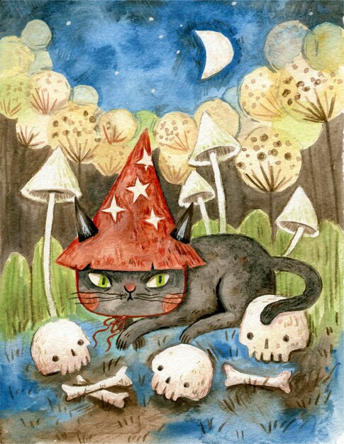 Illustrazione di halloween con gatto nero e teschi