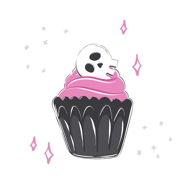 Хэллоуин иллюстрация с розовой глазурью кекс и череп на белом фоне