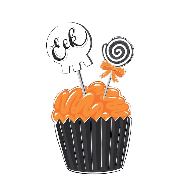 Halloween illustration with cupcake in shape of brane with candy and text topper isolat