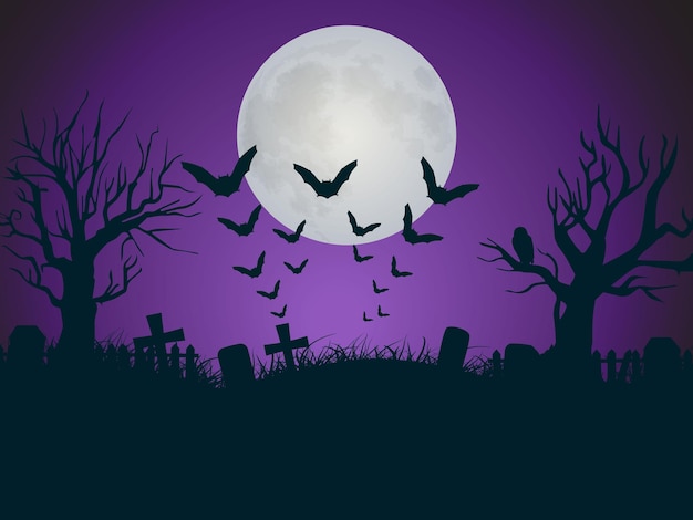 Illustrazione di halloween con notte oscura, alberi morti e vettore di pipistrelli