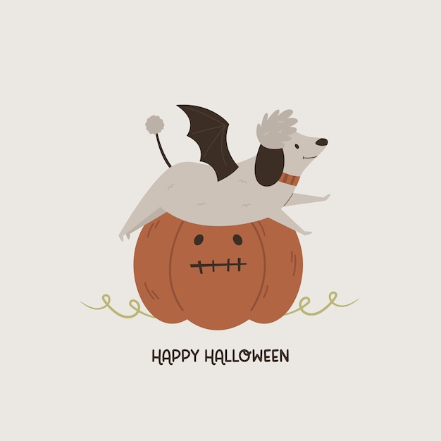 面白いコウモリ犬とカボチャのハロウィン イラスト