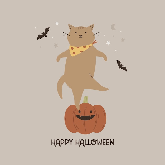 Premium Vector  Halloween illustration with a funny cat and pumpkin