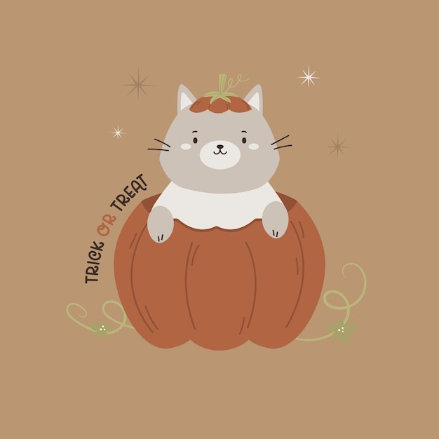 Halloween illustration with a funny cat in a pumpkin