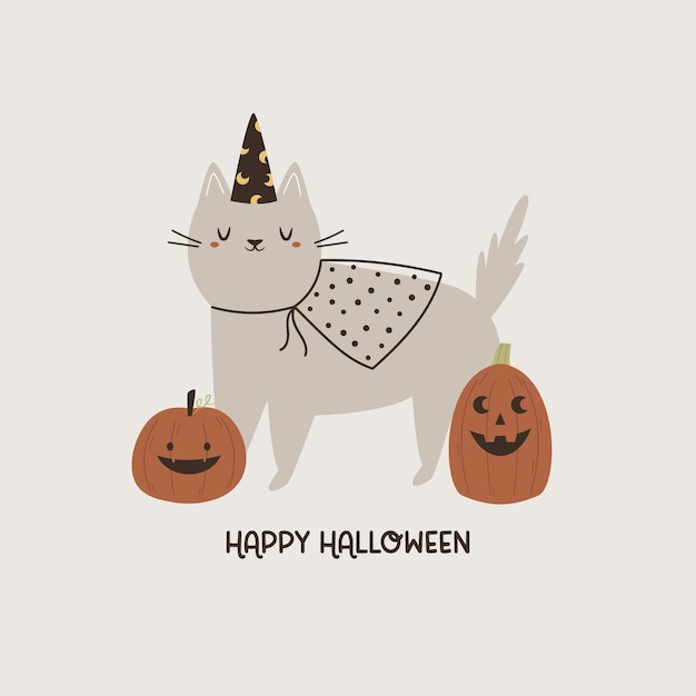 Illustrazione di halloween con un gatto divertente e zucche