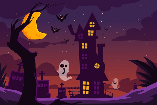 Halloween Illustration with Haunted House