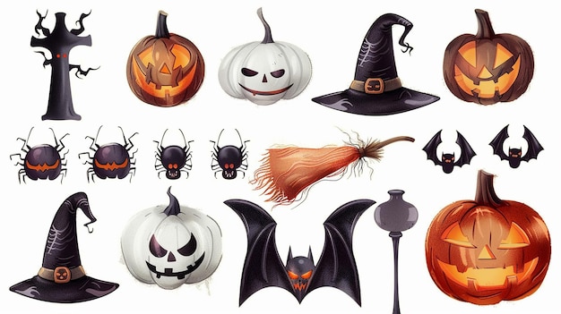 Illustrazione di halloween con zucche streghe pipistrelli e elementi di decorazione set di adesivi di halloween