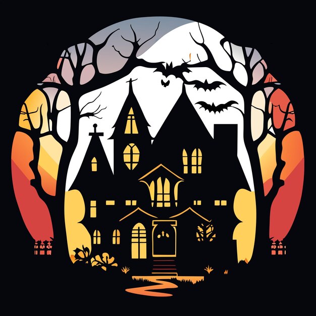 Vector halloween illustration with silhouette of castle at glowing moon and dead trees