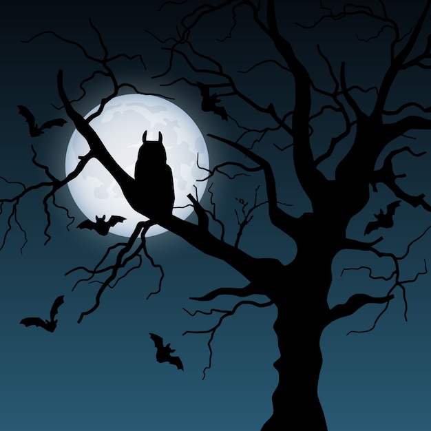 Vector halloween illustration with tree, moon, owl and bats