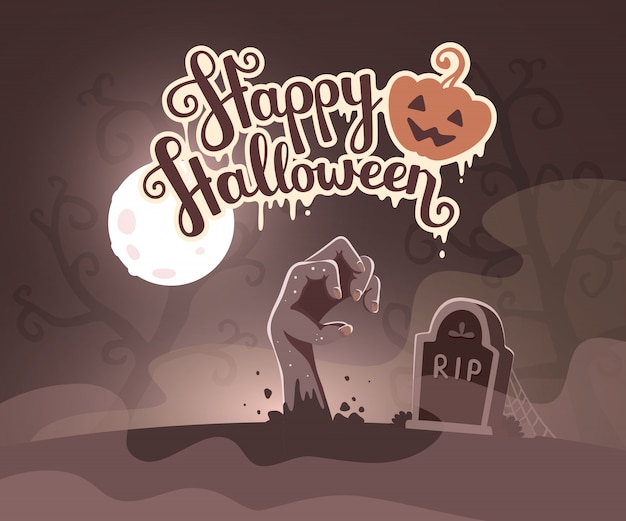 Halloween illustration of zombie hand in a graveyard