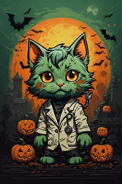 Vettore un halloween ispirato a un simpatico zombie gatto chibi