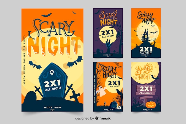 Vector halloween instagram post collection with spooky elements