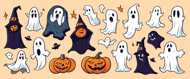 Halloween instellen grappige geesten met pompoenen op kleur achtergrond vectorillustratie