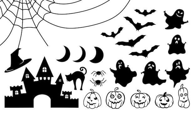 Halloween è un insieme di diversi oggetti e simboli in nero su sfondo bianco isolato