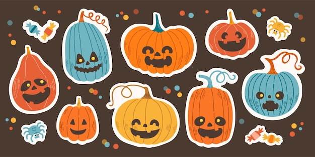 Halloween jack o lantern pompoen set van verschillende vormen en kleuren vectorillustratie