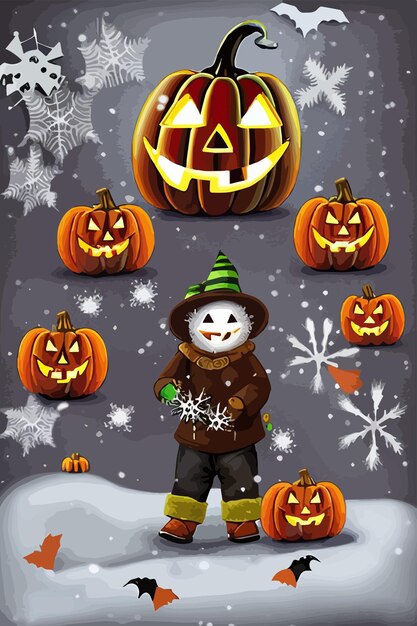 Vettore jack o lantern di halloween nella neve illustrazione vettoriale verticale zucche arancioni in giardino per