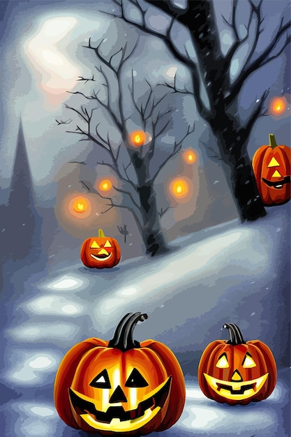 Jack o lantern di halloween nella neve illustrazione vettoriale verticale zucche arancioni in giardino per