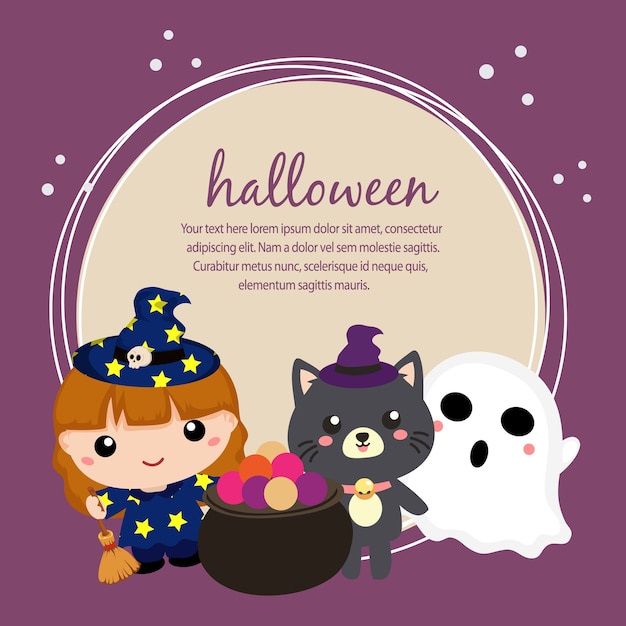 Halloween-kaart met lieve kinderen en kat