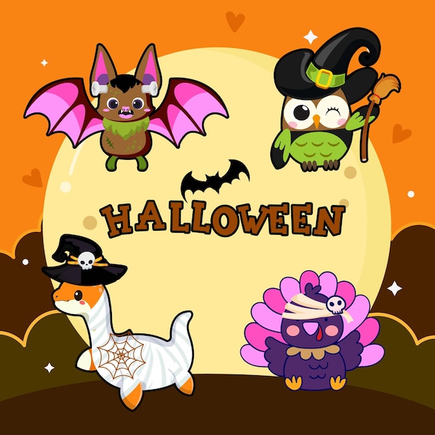 Halloween-kaart met schattige stripfiguren Vectorillustratie voor uw ontwerp