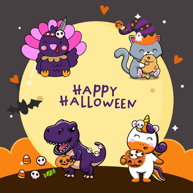 Halloween-kaart met schattige stripfiguren Vectorillustratie voor uw ontwerp