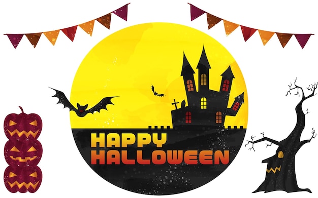 Halloween kasteel en maanverlichte nacht illustratie aquarel stijl grunge