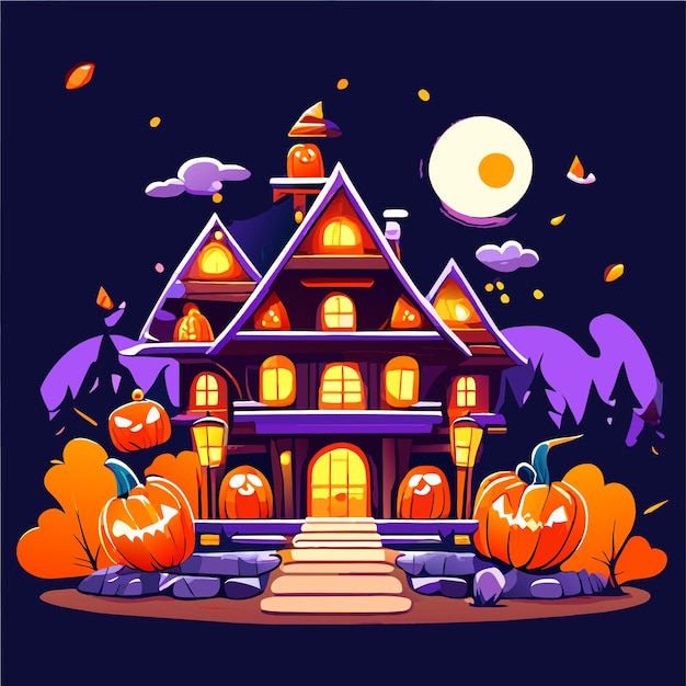 Halloween kasteel huis pompoen vleermuis met de hand getekend platte stijlvolle cartoon sticker icoon concept geïsoleerd