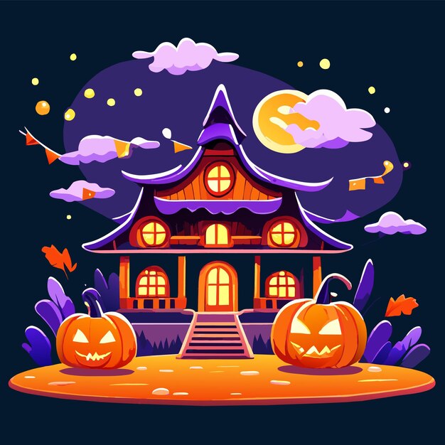 Vector halloween kasteel huis pompoen vleermuis met de hand getekend platte stijlvolle cartoon sticker icoon concept geïsoleerd