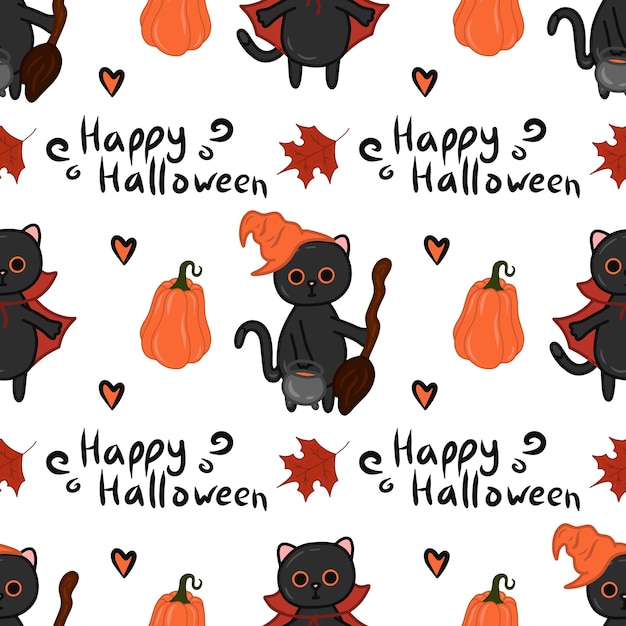 Halloween kawaii cat with costume vector seamless pattern