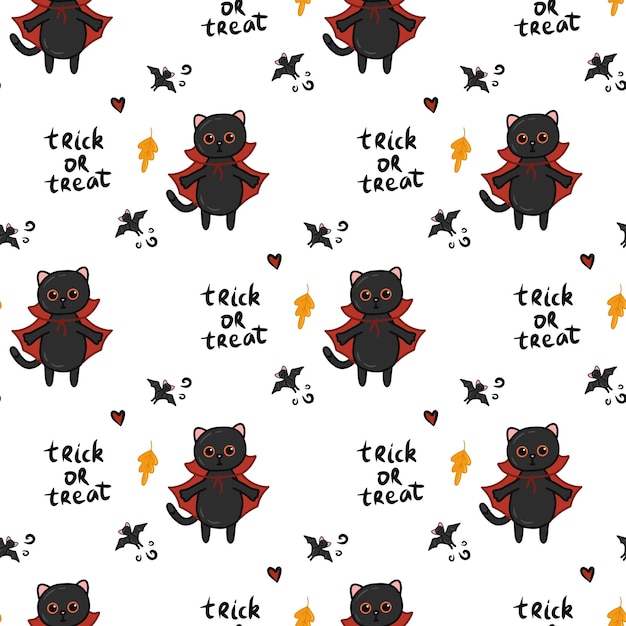 Halloween kawaii cat with costume vector seamless pattern