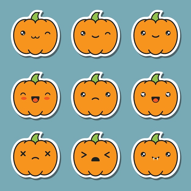 Icone sveglie della zucca di kawaii di halloween su fondo grigio blu.