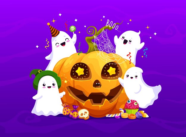 Halloween kawaii ghosts characters and funny pumpkin with sweets Trick or treat vector background with cute spooks jackolantern and muffins or candies like candy cane marshmallow and lollipops