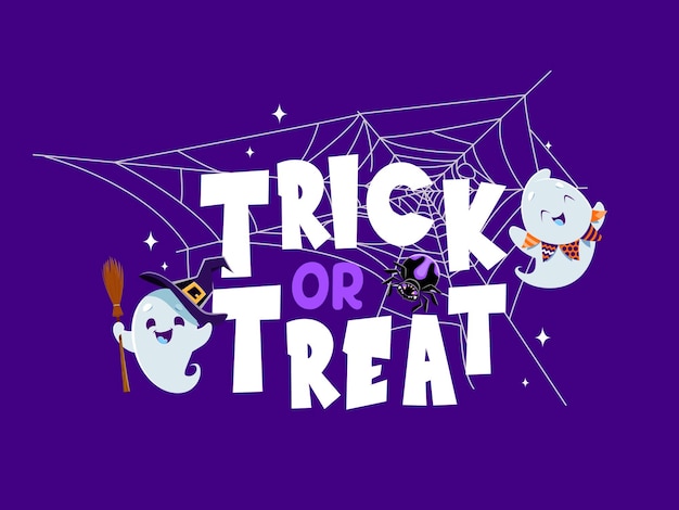 Halloween kawaii ghosts on spider cobweb trick or treat vector banner for holiday halloween horror night party background with cute spooky ghoul ghost in witch hat with broom and spider in spiderweb